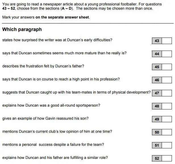 Example questions from Reading & Use of English Part 7