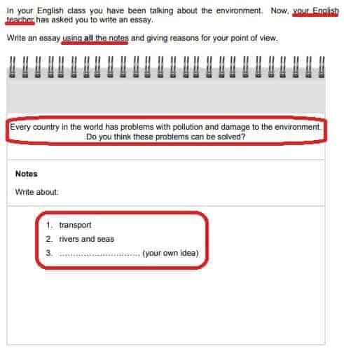 Example of an FCE essay writing task with the key information underlined