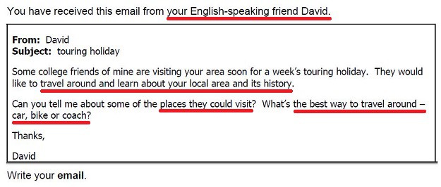 Example of an FCE email writing task with key information underlined